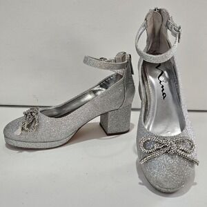 Nina Dress Shoes Girls 2M Silver Glitter Rhinestone Bow Block Heel Special Event
